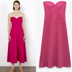 NWT ZARA Fuchsia Strapless Sweetheart Neckline Midi Dress L Blogger Favorite